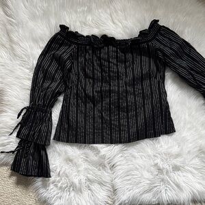 INTERMIX Black Pinstripe Off-Shoulder Ruffle Sleeve Top